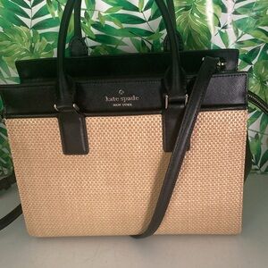 Kate Spade Handbag in Tan Raffia with Black Trim